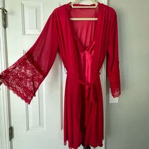 Elegant Red Lace Trim Robe with night dress